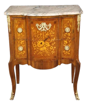 Instrumental Inlaid Kingwood and Satinwood Marble Top French Louis XV Commode