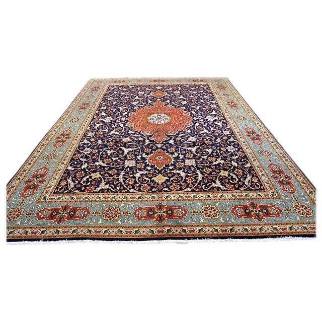 Antique Persian Tabriz Wool 10X13 Navy, Orange & Teal Handmade Area Rug #9902146
