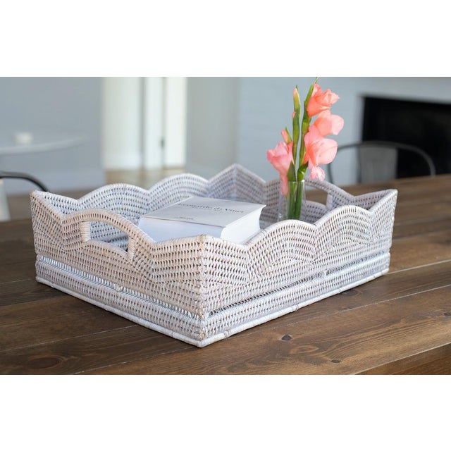 Boho Chic Artifacts Rattan Scallop Collection Rectangular Storage Basket in White Wash - 20" For Sale - Image 3 of 8