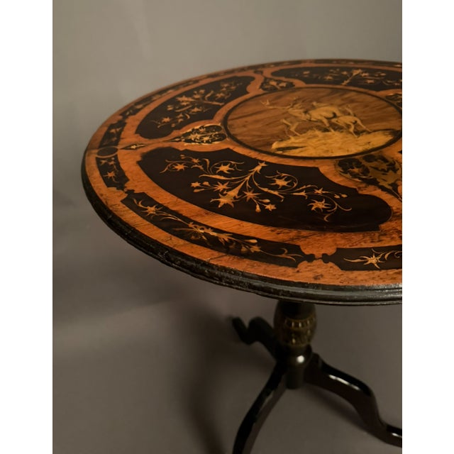 Handmade Swiss Tilt-Top Tea Table With Exotic Wood Inlay, Mother-of-Pearl & Faux Bronze Decoration, Circa 1860 For Sale - Image 4 of 6
