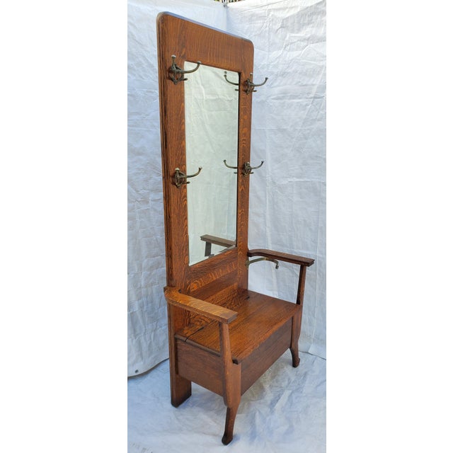 Antique American Mission Oak Hall Seat / Hall Tree With Hooks, Mirror