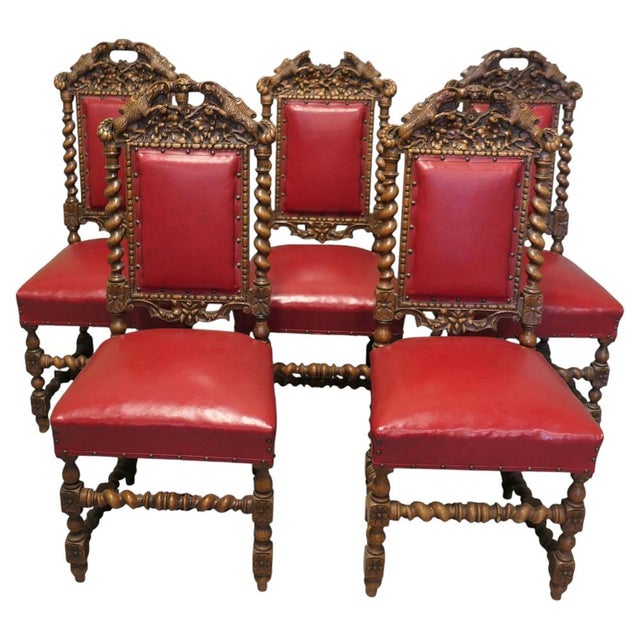 Antique Black-Forest Carved Oak Dining Chairs, Set of 5 For Sale - Image 10 of 10