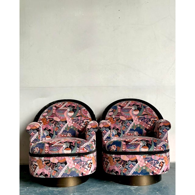 Purple Vintage Postmodern Martin Barttrud Printed Swivel Chairs - A Pair For Sale - Image 8 of 11