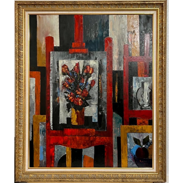 Tony Agostini (French, 1916 - 1990) Large oil painting on canvas depicting a still life scene with flowers on a canvas and...