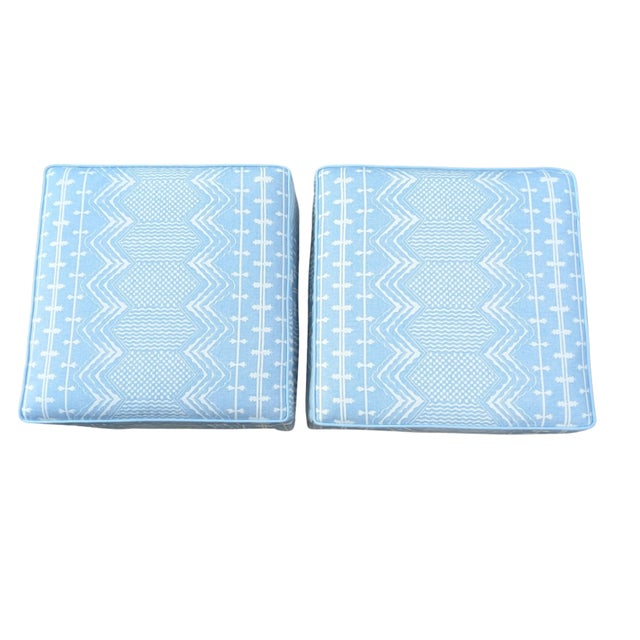 Fermoie Abbey Stripe Parsons Ottomans in Sky Blue- Pair For Sale - Image 4 of 7