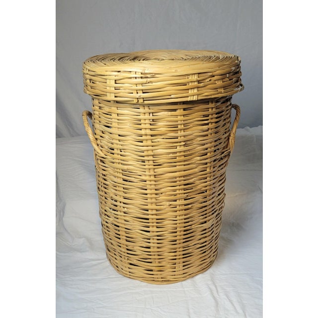Boho Chic Vintage Wicker Laundry Hamper With Lid Natural Woven Rattan Tall Storage Basket For Sale - Image 3 of 11