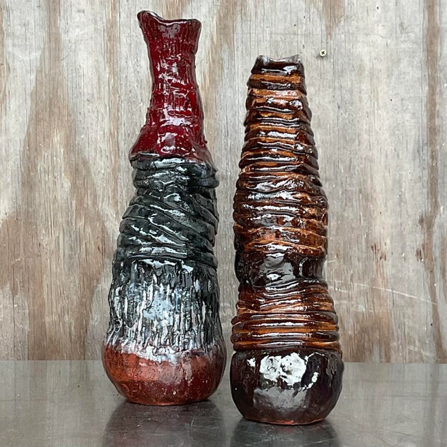 Vintage Boho Signed Hand Made Studio Pottery Vases - a Pair For Sale - Image 4 of 12