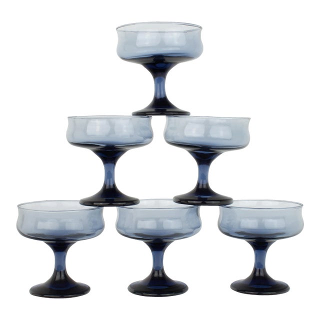 Mid-Century Modern Blue Champage Coupe Glasses - Set of 6 For Sale