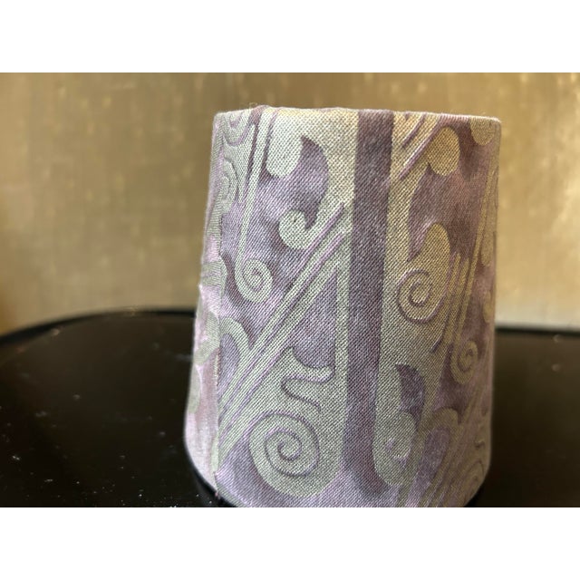 A clip top chandelier shade hand made from Fortuny’s iconic printed fabric. Top 3” Bottom 4” side4”