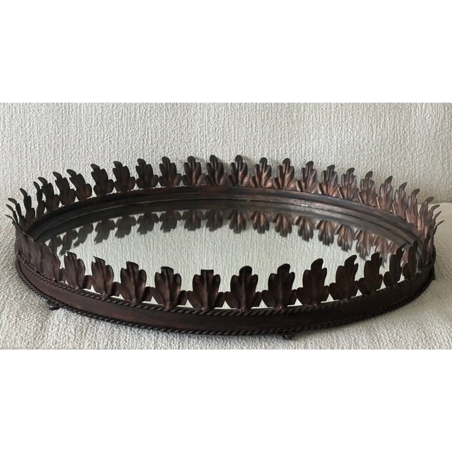 Large Vintage Italian Tole Acanthus Leaf Round Mirrored Tray / Mirrored Plateau / Round Mirrored Cocktail Tray For Sale - Image 13 of 17