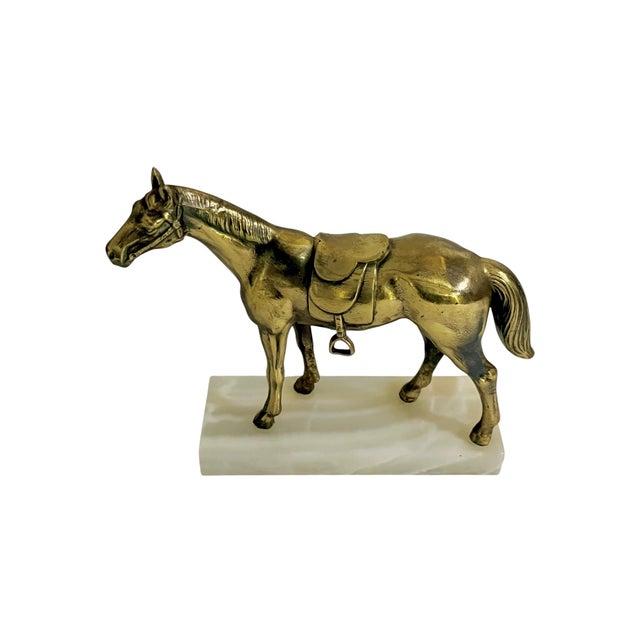 Gold Vintage Brass Equestrian Horse Bookends on White Marble Bases – Pair of Western Style Horse Sculptures For Sale - Image 8 of 14