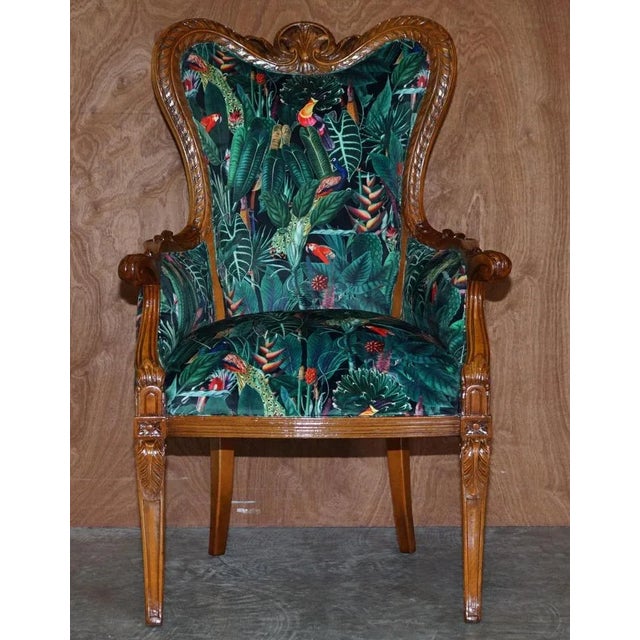 We are delighted to offer this lovely vintage, carved Walnut frame, Italian armchair which has been reupholstered in Birds...