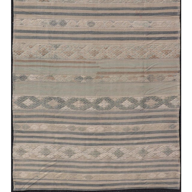 Mid 20th Century Vintage Turkish Gallery Kilim With Soft Blue-Gray and Sand Striped Motifs For Sale - Image 5 of 11