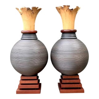 Vintage Monumental Sculptural Wood Urns - A Pair For Sale