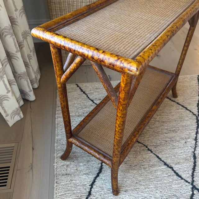 Late 20th Century Vintage Bamboo and Cane 2 Tiered Console Table With Tortoiseshell Finish For Sale - Image 5 of 8