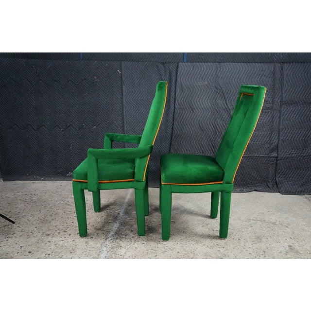8 Mid 20th Century Hollywood Regency Green Velvet Parsons Style Dining Chairs After Milo Baughman For Sale - Image 6 of 18