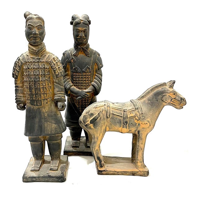 1980's Large Chinese Terracotta Tang Warriors and Horse Figures Set - 3 Pieces For Sale - Image 14 of 14