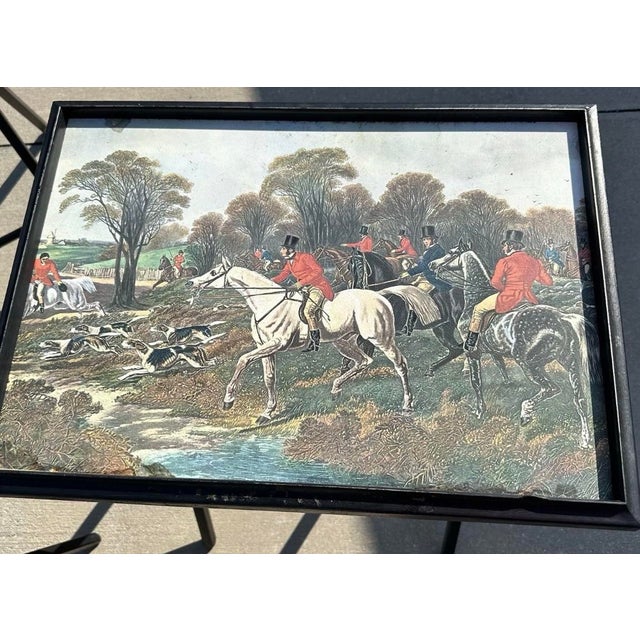 Black Vintage Mid 20th Century English Hunting Scene Folding Snack Trays With Stand- Set of 4 For Sale - Image 8 of 12