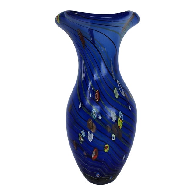 Vintage Murano-Style Cobalt Blue Millefiori Art Glass Ruffled Vase For Sale