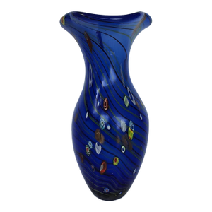 Vintage Murano-Style Cobalt Blue Millefiori Art Glass Ruffled Vase