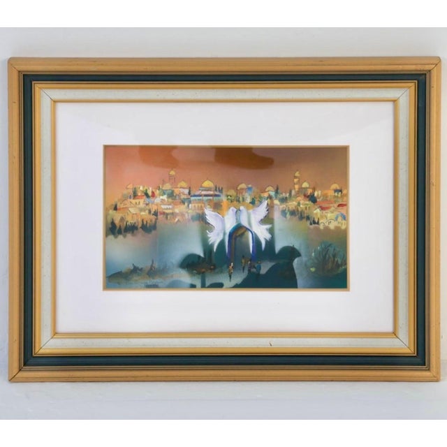 Ben Avraham Nhamani, Ben Avraham Nahmani Israeli School Jerusalem Landscape Painting Doves of Peace, c.1980s For Sale