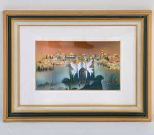 Ben Avraham Nhamani, Ben Avraham Nahmani Israeli School Jerusalem Landscape Painting Doves of Peace, c.1980s