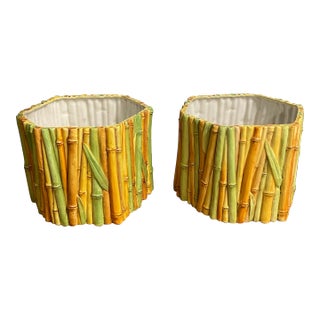 Medium Ceramic Faux Bamboo Planters - Set of 2 For Sale