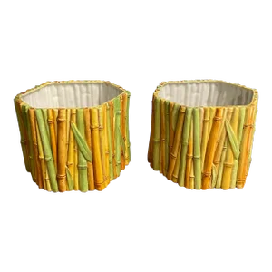 Medium Ceramic Faux Bamboo Planters - Set of 2