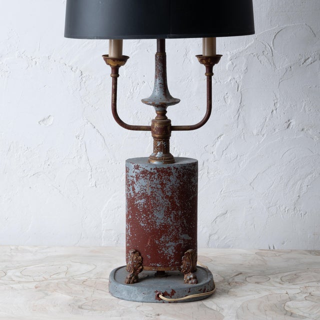 French Provincial Distressed Tole Bouillotte Lamp For Sale - Image 3 of 12