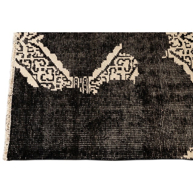 Vintage Mid-Century-Style Black Handmade Wool Rug For Sale - Image 4 of 9