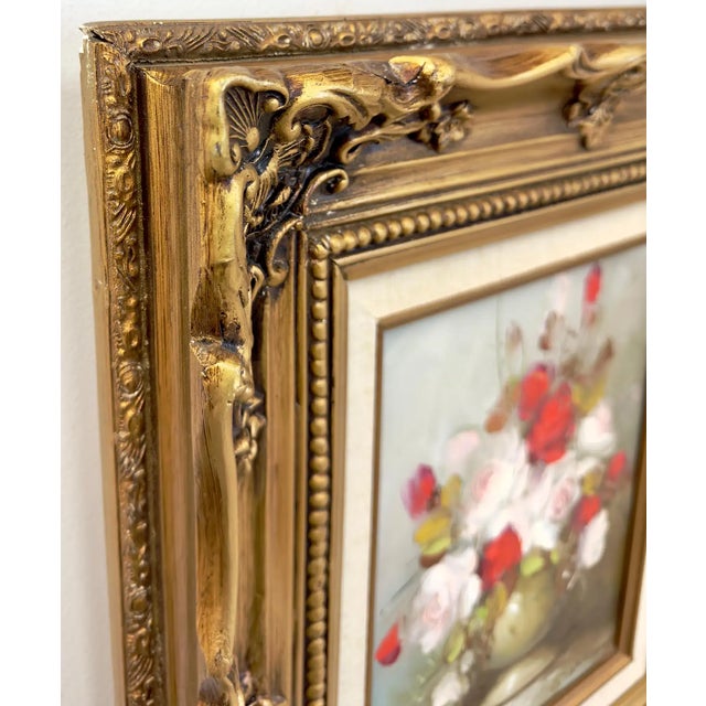 1980s Still Life Flowers Oil on Canvas Painting in Custom Gilt Frame, Signed C.Johnson For Sale - Image 5 of 9