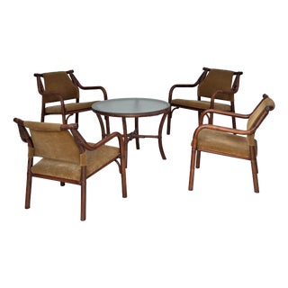 Danish Coffee Table and Armchairs in Rattan and Nubuck Fabric, 1970s, Set of 5 For Sale