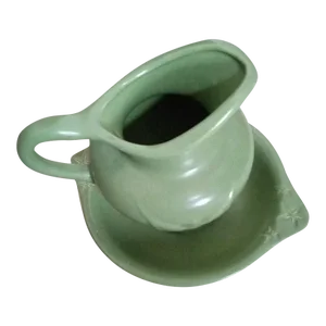 1950s Hull Usa Art Pottery Green Glazed Pitcher Vase With Under Plate