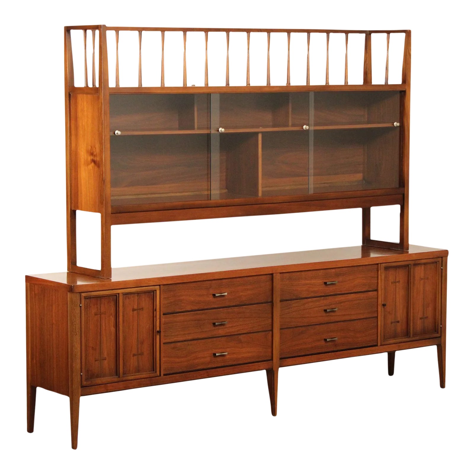 Lane Mid Century Modern Walnut Credenza China Cabinet Bookcase | Chairish
