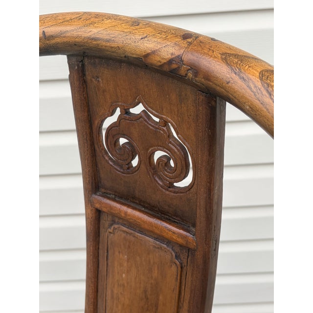 Chestnut Pair Fine Antique Carved Chinese Horseshoe Lounge Chairs For Sale - Image 8 of 12