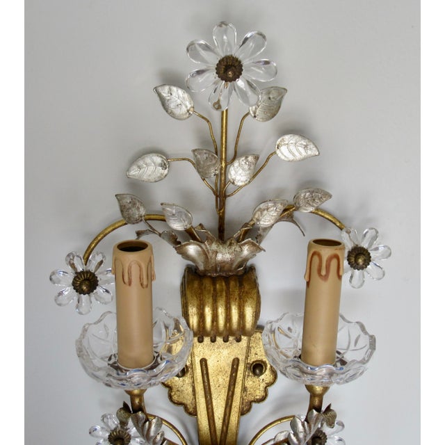Gold Early 20th Century Banci Gilt & Silvered Bronze Sconces, Italian With Rock Crystal Floral Motif Design -Pair For Sale - Image 8 of 18