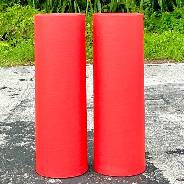 Red Vintage Boho Grasscloth Cylinder Pedestals - a Pair For Sale - Image 8 of 8