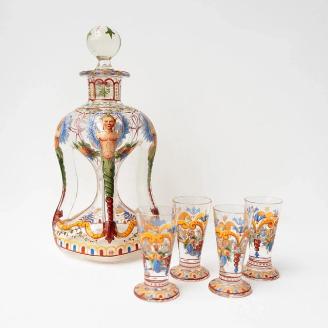 Antique Late 19th Century Enamelled Glass Decanter and Glasses by J & L Lobmeyr, Vienna- 5 Pieces For Sale - Image 10 of 12