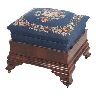 Antique American Empire Classical Greco Flame Mahogany Needlepoint Stool 19th Century For Sale