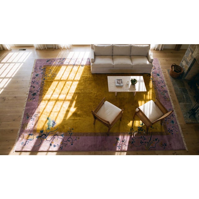 1920s Yellow Saffron Floral Minimalist Antique Chinese Art Deco Carpet 9' X 11' 6'' by Nichols Workshop Rug For Sale - Image 9 of 11