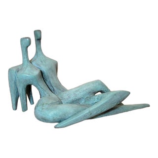 1990s Large Modern Itzik Benshalom Figural Nude Couple Marble Patinated Bronze Statue For Sale
