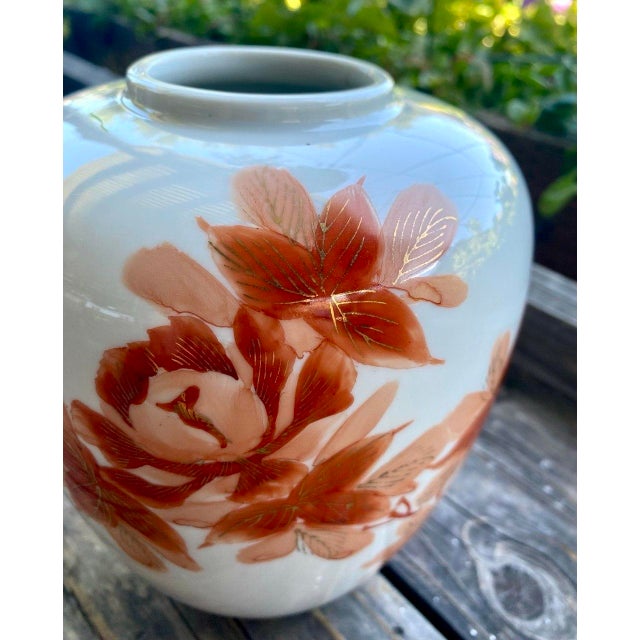 Vintage Japanese Hand-Painted Porcelain Floral Vase in Rust and Blush Tones For Sale - Image 9 of 11