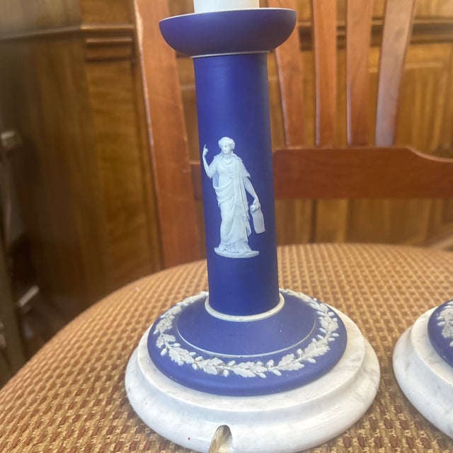 Neoclassical 1970s Wedgwood Blue Candlestick Lamps - a Pair For Sale - Image 3 of 7