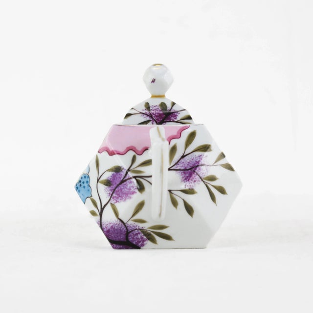 Hand-Painted Floral Sugar Bowl With Pink Rim and Unique Hexagonal Shape For Sale In New York - Image 6 of 11
