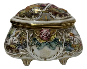 Vintage Gilt Footed Capodimonte Cherub Lover Angel Porcelain Jewelry Box