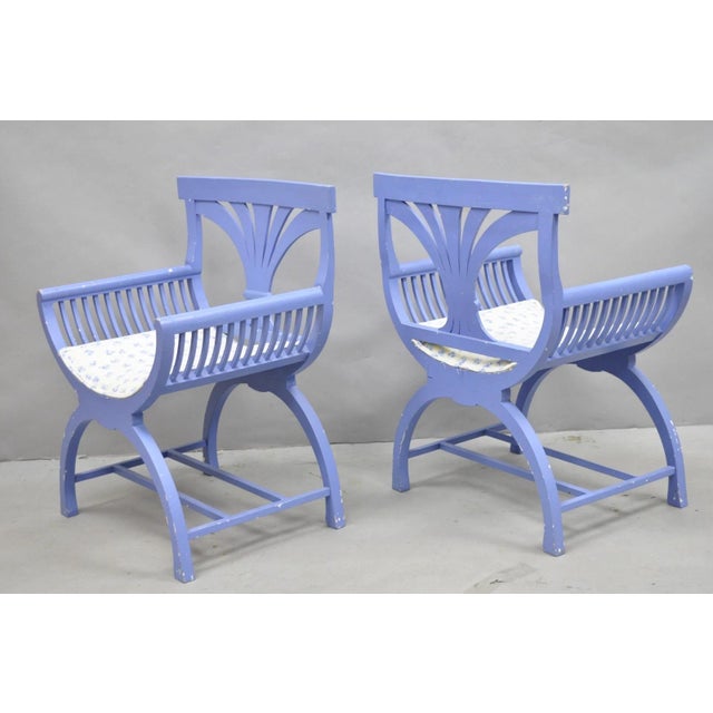 Hollywood Regency Vintage Hollywood Regency Italian Style Blue Curule X-Frame Arm Chair - A Pair For Sale - Image 3 of 15