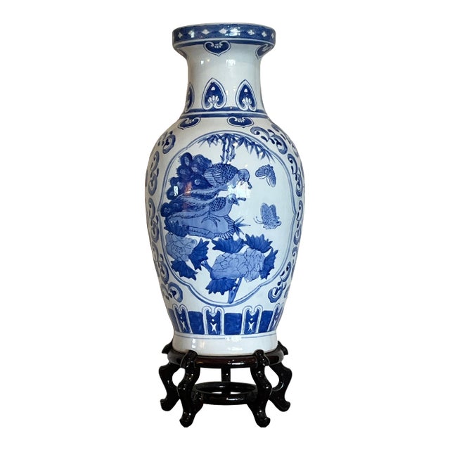 Late 20th Century Large 19" Chinese Blue & White Porcelain Peacock Vase & Carved Wood Stand For Sale