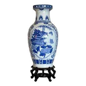 Late 20th Century Large 19" Chinese Blue & White Porcelain Peacock Vase & Carved Wood Stand