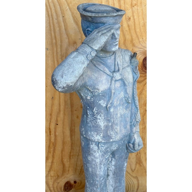 WPA Style Cast Stone Garden Flag Bearer Statue of a Handsome Navy Sailor For Sale - Image 9 of 11