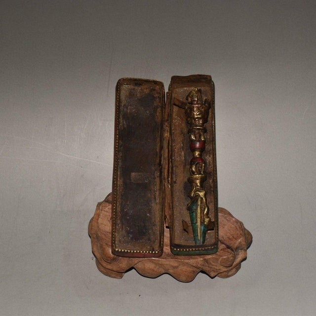 Copper Vintage Nepalese Copper Ritual Dagger (Phurba) With Inlaid Stones in Fitted Wooden Box For Sale - Image 8 of 9